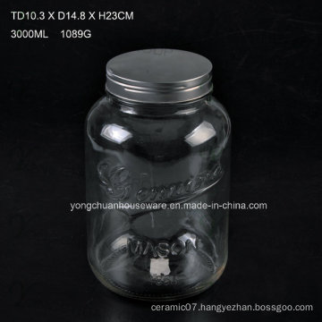 3L Embossed Glass Juice Beverage Jar with Tap / Big Capacity Glass Mason Jar with Scale